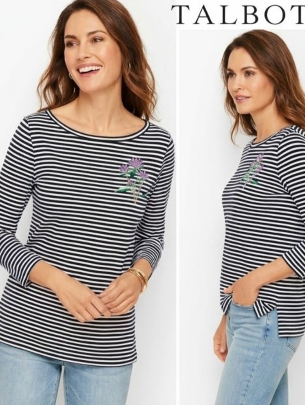 Talbots 100% CottonWomen's Black & White Striped Boatneck Top Floral Accent XL
